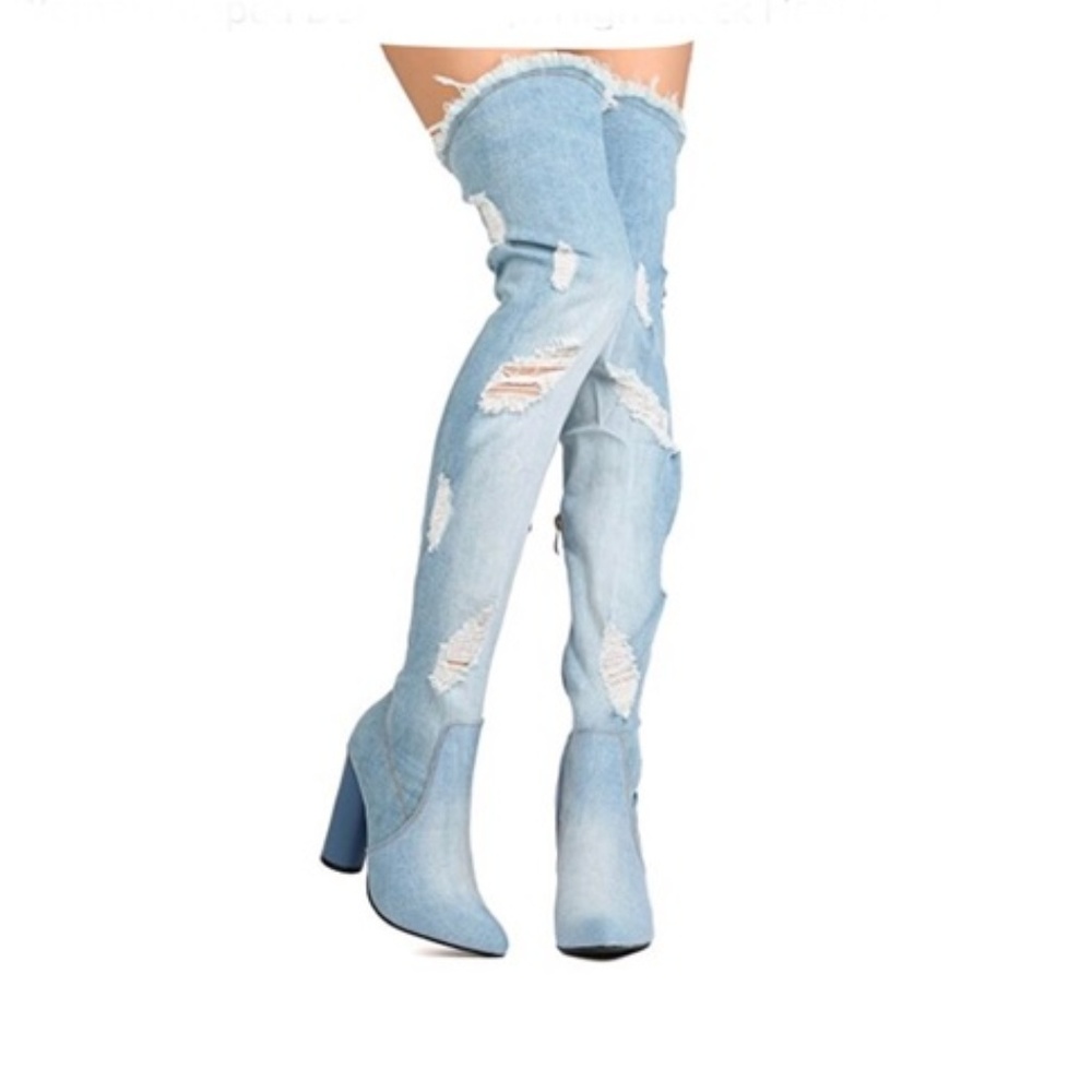 Ripped Thigh High Block Heel NEW